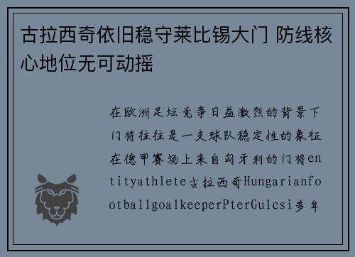 古拉西奇依旧稳守莱比锡大门 防线核心地位无可动摇